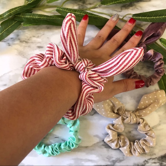 4 Bunny Ear Hair Velvet Scrunchies mixed set - Picture 2 of 2